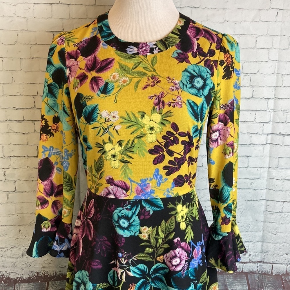 ELIZA J NWOT Floral Color Block MIDI Dress Long Bell Sleeves Sz 4 Dark Romantic - Picture 13 of 16